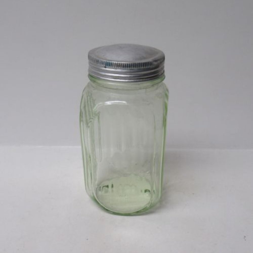 Hocking Glass Transparent Green 4 1/2 Inch Ribbed Spice Shaker, Solid Metal Lid